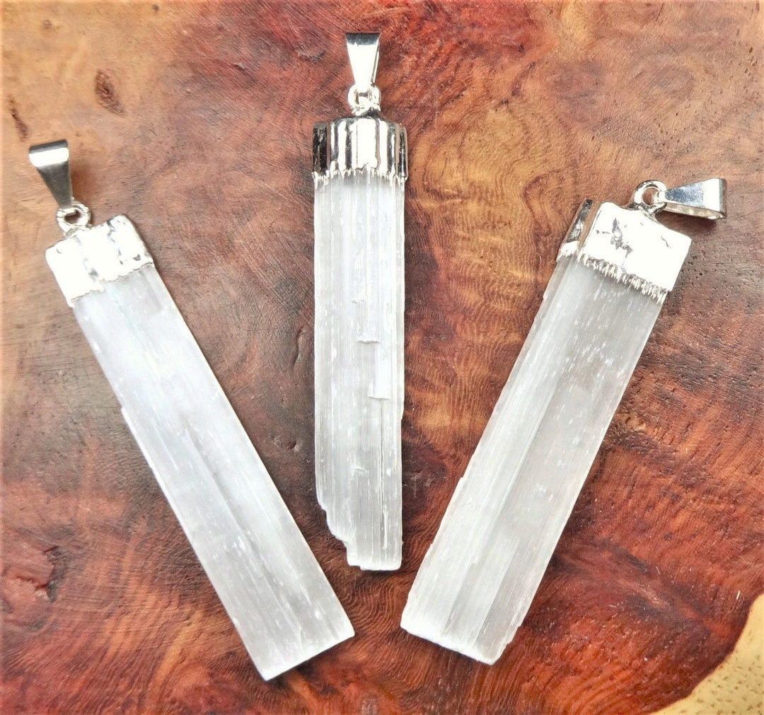 Selenite Crystal Point Necklace Pendant - Silver