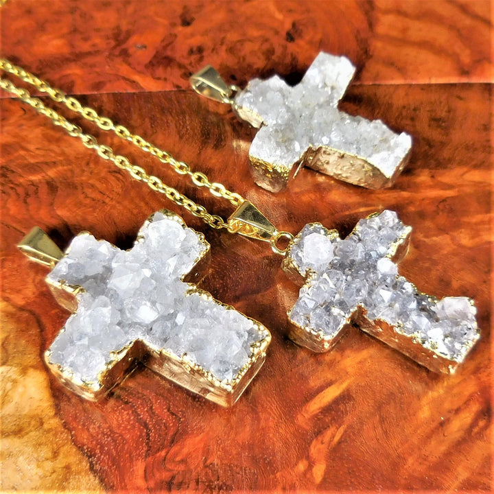 Bulk Wholesale Lot (5 Pcs) Druzy Crystal Cross - Gold